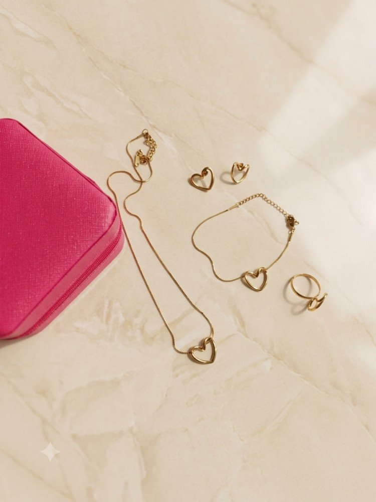 Elegant Gold Heart Anti-Tarnish Jewellery Combo Set + FREE Surprise Watch