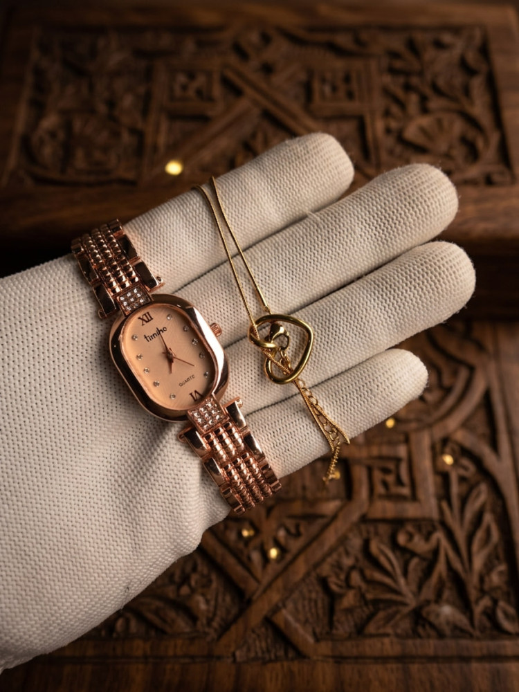 Ultimate Luxury Combo: Premium Timelee Watch & Anti-Tarnish Heart Necklace Set