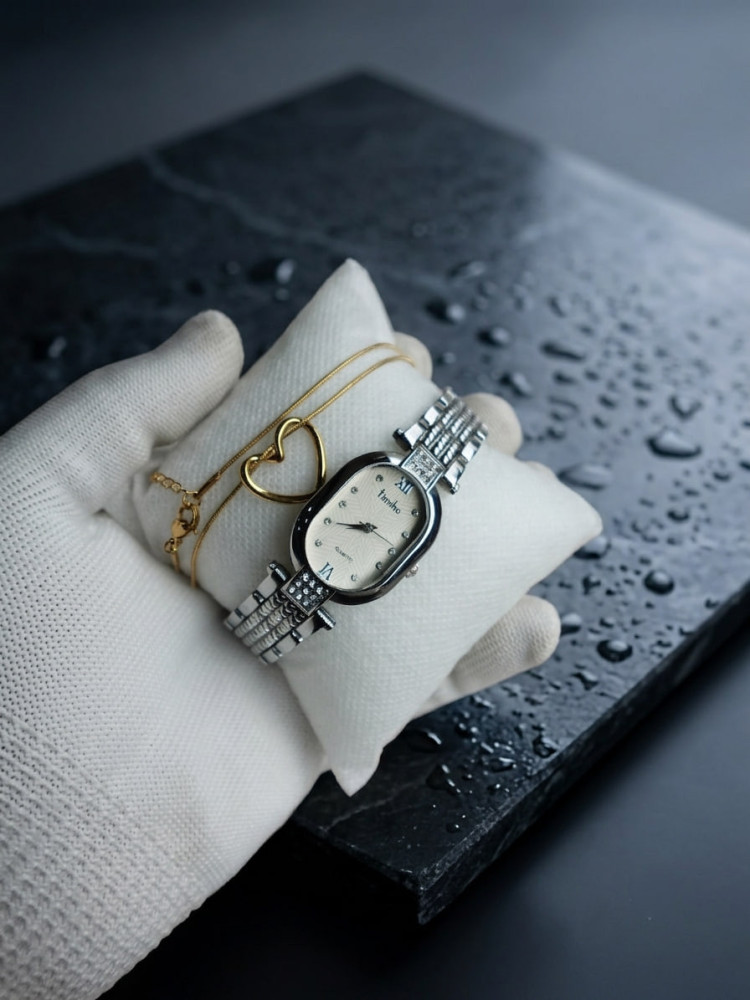 Ultimate Luxury Combo: Premium Timelee Watch & Anti-Tarnish Heart Necklace Set