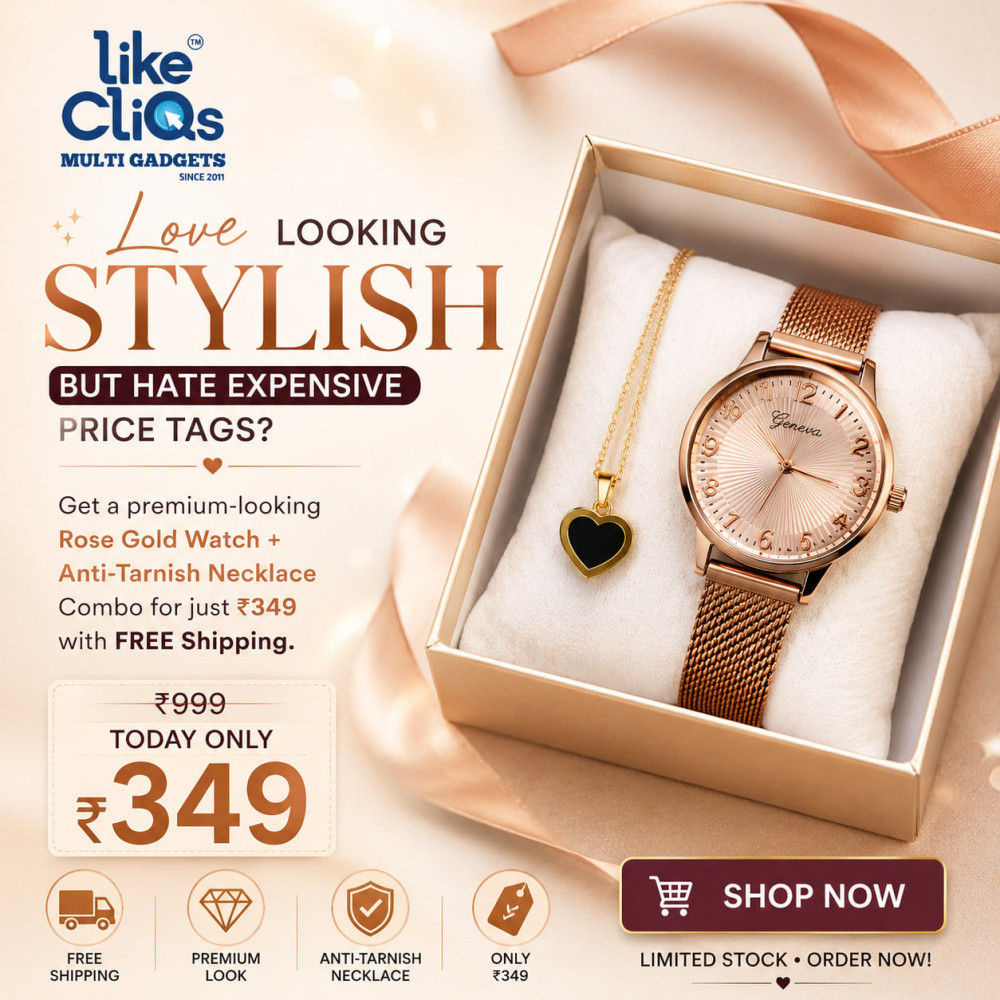 Elegant Rose Gold Watch & Anti-Tarnish Necklace Combo Set