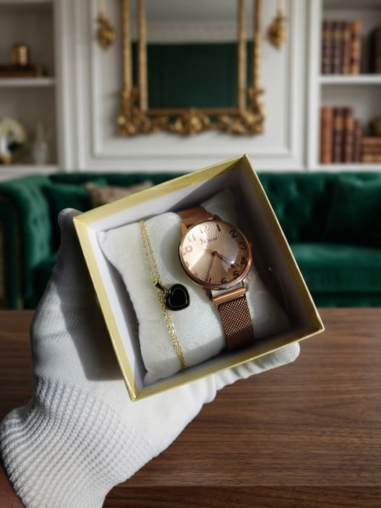 Elegant Rose Gold Watch & Anti-Tarnish Necklace Combo Set