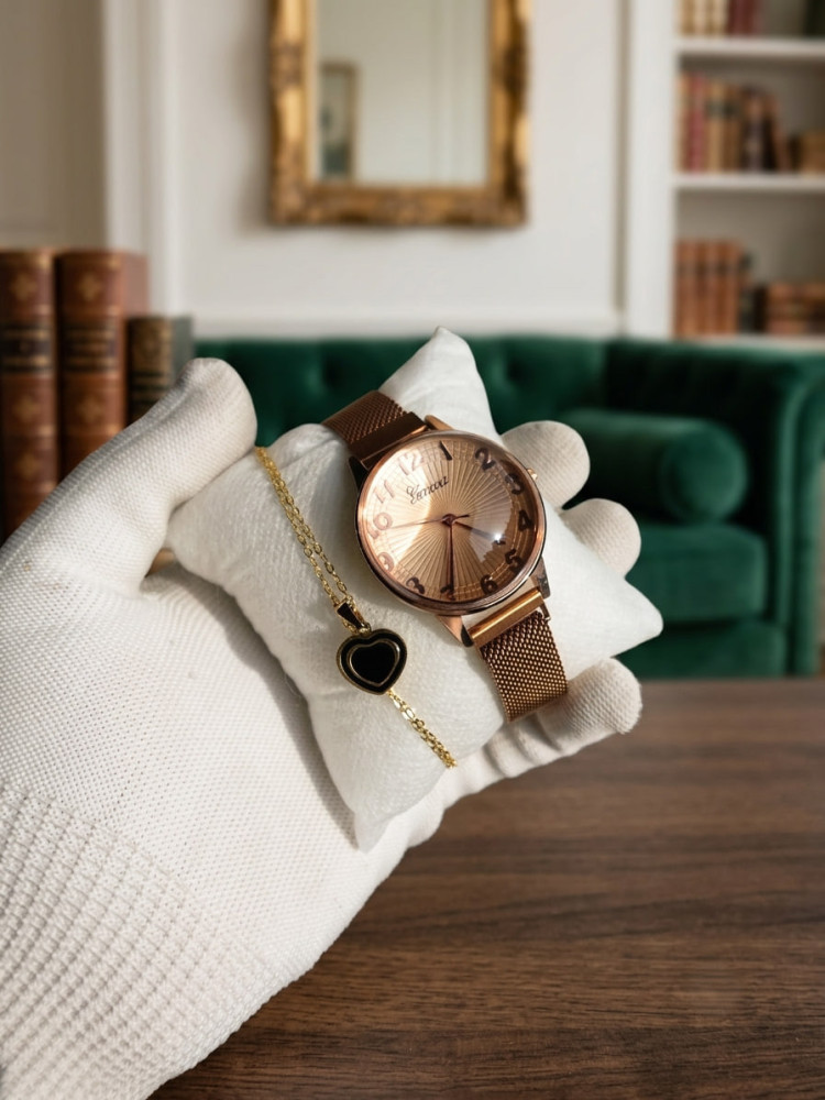 Elegant Rose Gold Watch & Anti-Tarnish Necklace Combo Set