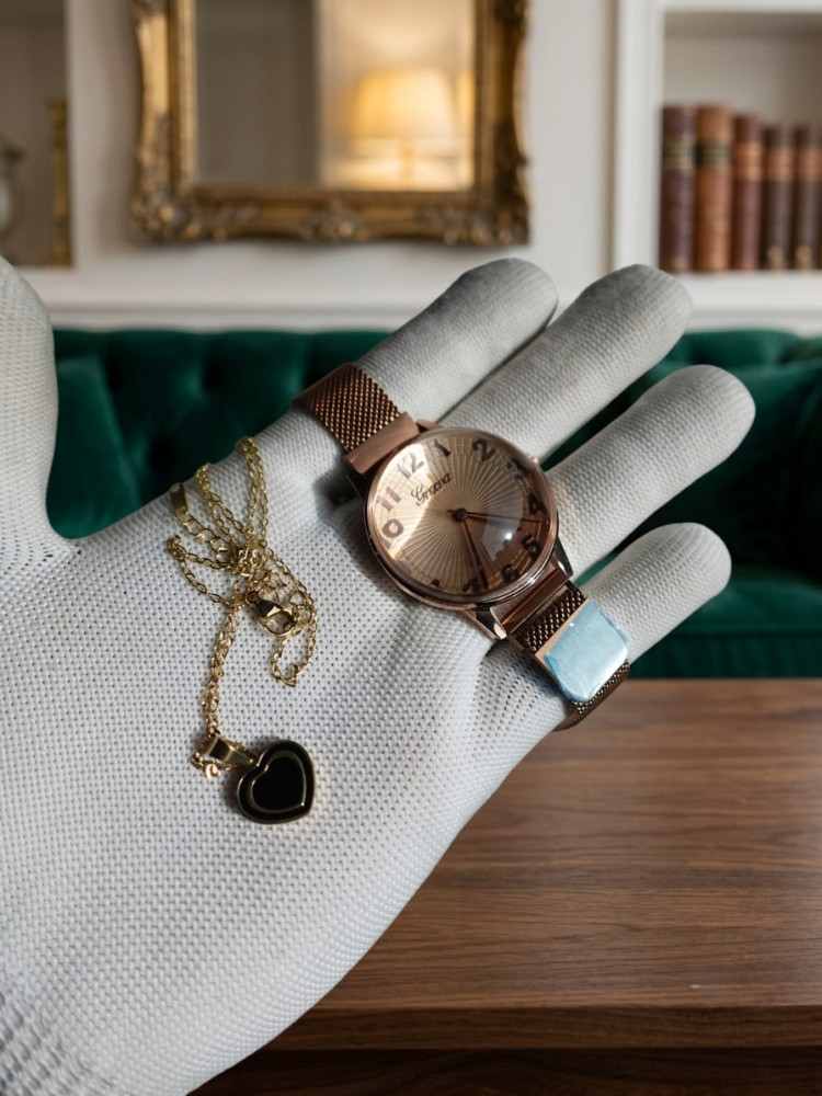 Elegant Rose Gold Watch & Anti-Tarnish Necklace Combo Set