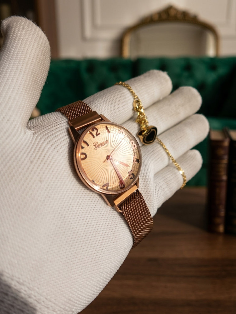 Elegant Rose Gold Watch & Anti-Tarnish Necklace Combo Set