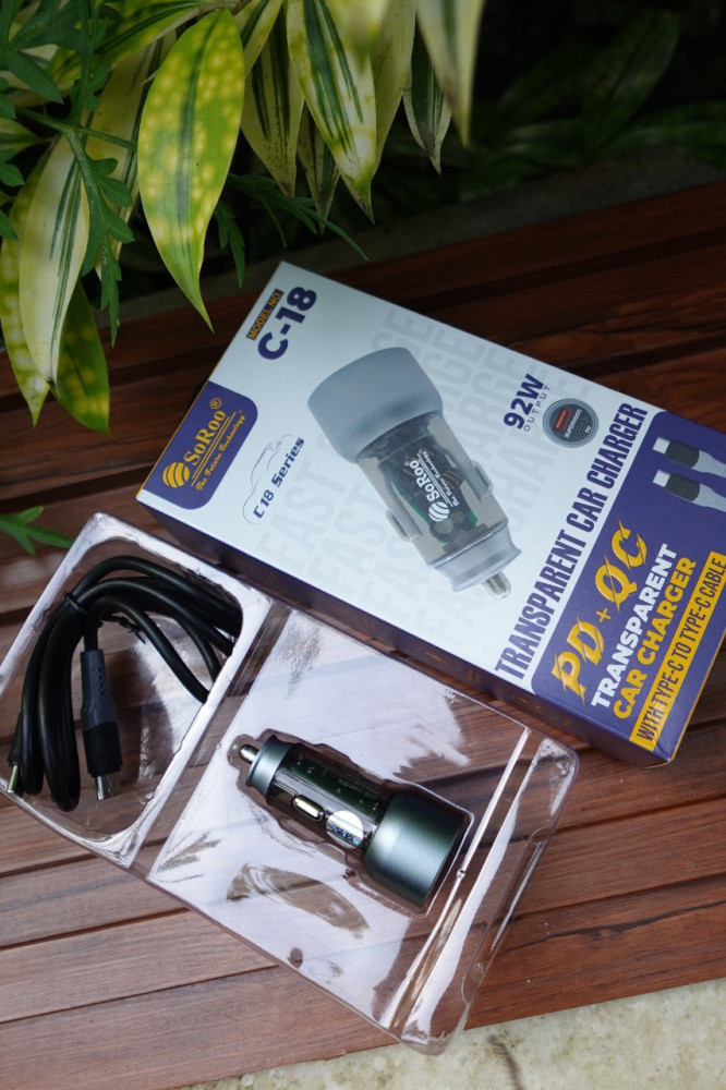 SoRoo 92W PD+QC Transparent Car Charger - With Type-C Cable and Free Miniature Car