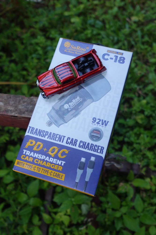 SoRoo 92W PD+QC Transparent Car Charger - With Type-C Cable and Free Miniature Car
